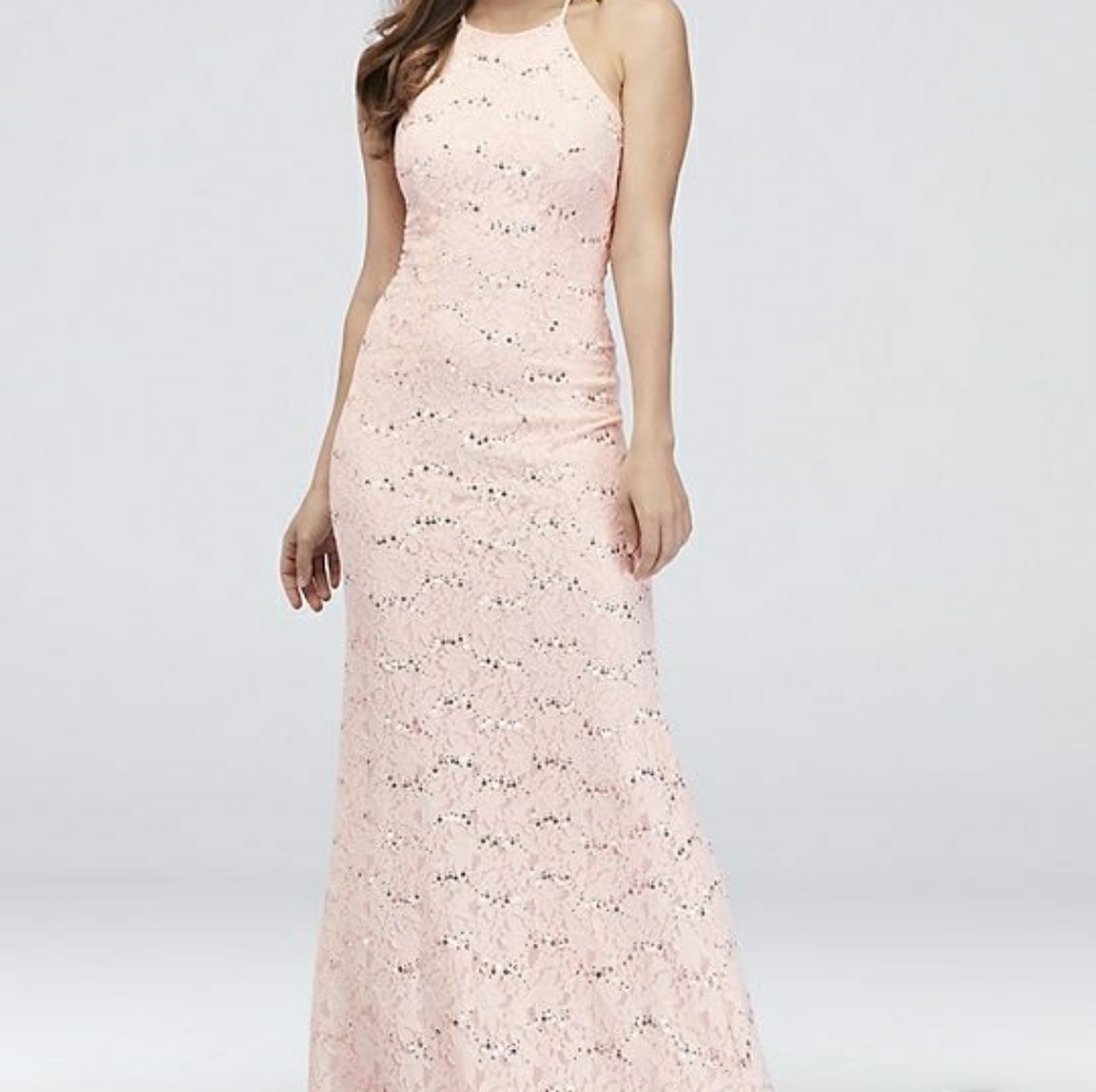 David's Bridal romantic lace mermaid gown/pale pink